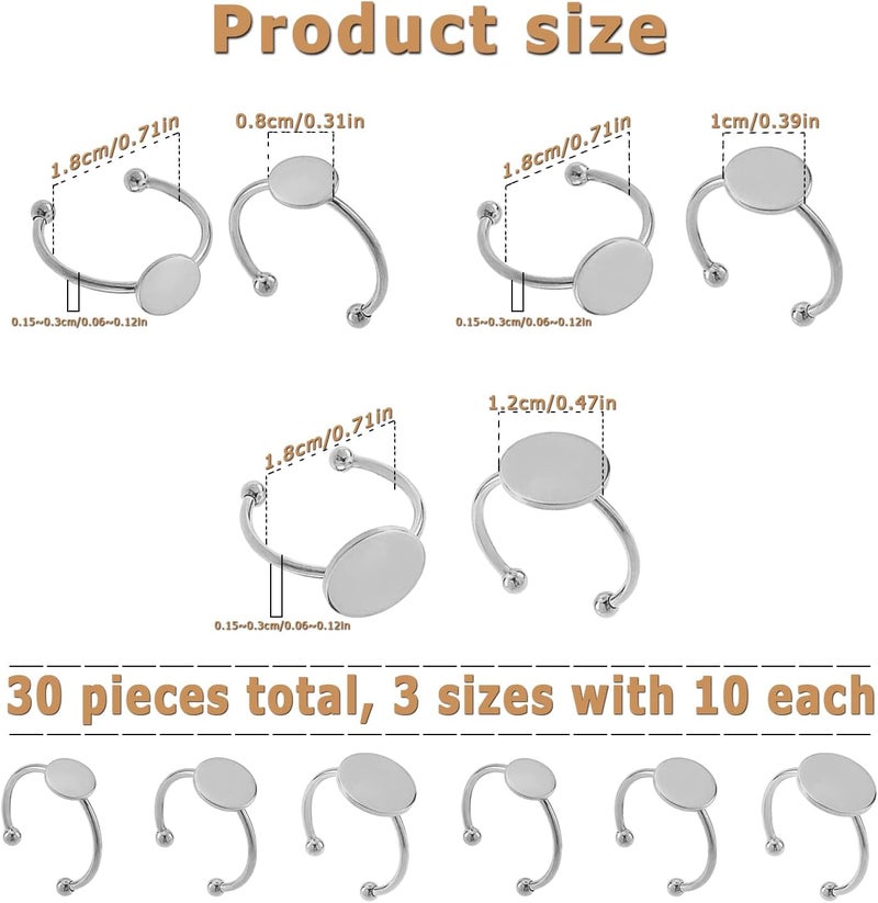 MaehSab 30 Pcs Blank Rings - Stainless Steel Adjustable Pad Ring Base, Flat Blank Ring Base Tray for Jewelry Making DIY Crafts (Silver) - Image 2